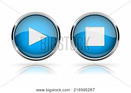 PLAY and STOP buttons. Blue round media buttons. Shiny icons with chrome frame. Vector 3d illustration on white background
