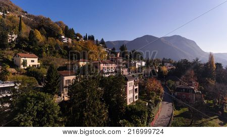 Aerial view of luxurios villa on Swiss hills