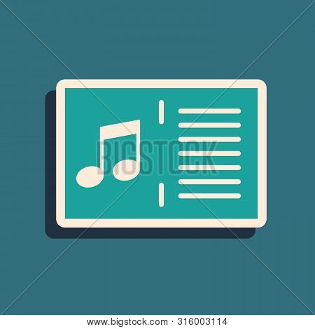 Green Music Book With Note Icon Isolated On Blue Background. Music Sheet With Note Stave. Notebook F