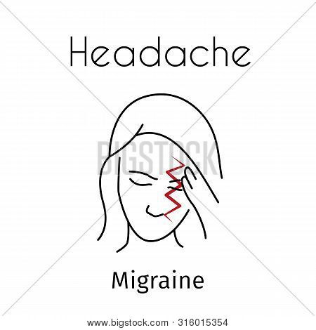Headache Linear Icon. Vector Abstract Minimal Illustration Of Girl With Red Zigzag On The Head Suffe