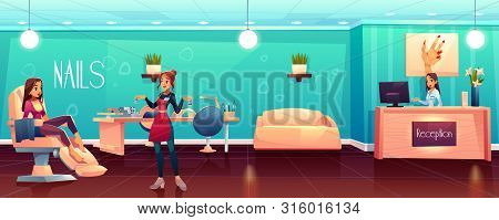 Woman Visiting Beauty Salon, Female Client Siting In Comfortable Chair, Waiting For Pedicure, Manicu