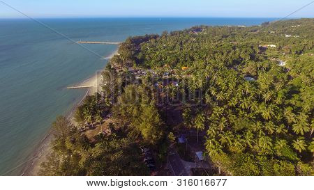 Beautiful Coastal View Of Wide Tropical Beach With White Sand,coconut Trees And Azure Water On Pohon