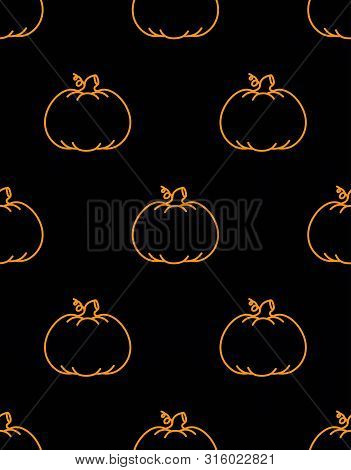 Seamless Pattern With Contur Pumpkins On Black Background, Simple Picture With Pumpkins To Holiday H