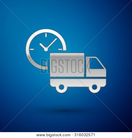 Silver Logistics Delivery Truck And Clock Icon Isolated On Blue Background. Delivery Time Icon. Vect