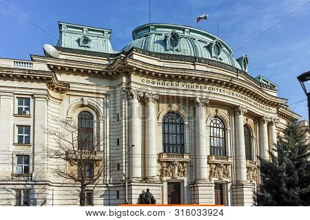 Sofia, Bulgaria - November 7, 2017: Sunset View Of University Of Sofia St. Kliment Ohridski, Bulgari