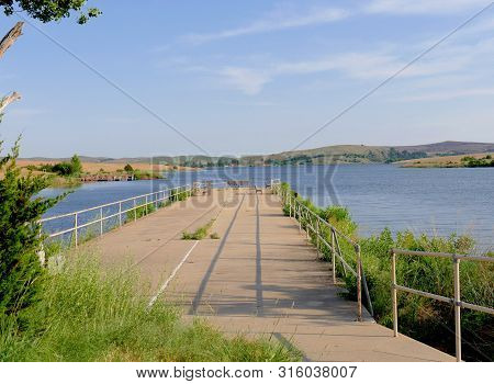 Concrete Ramp With Railings At The Lake Elmer Thomas, Wichita Mountain Wildlife Refuge, Oklahoma.