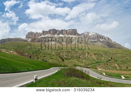 Beautiful Panoramic View At Dolomites And Arabba Village. Sudtyrol, Italy