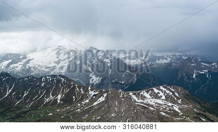Thunderstorm And Heavy Rain Over Marmolada Mountain. Italian Alps, Sudtyrol