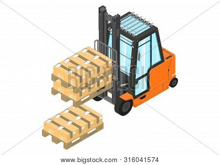 Forklift. Orange Counterbalance Forklift With A Pallet. Isometric View. Flat Vector.