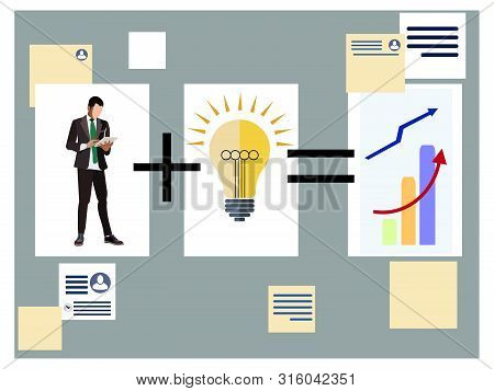 Scheme On The Wall. Office Worker Plus A Good Idea, Equal Income. Increase Performance. Flat Isometr