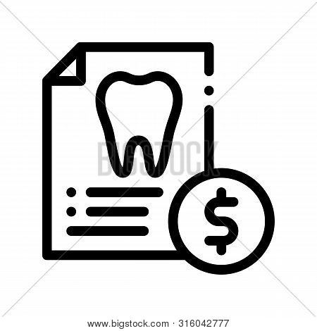 Dentist Stomatology List Vector Thin Line Icon. Tooth On Paper List And Dollar Coin, Tool And Device