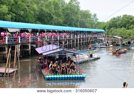 Chantaburi, Laem Sing, Thailand - 3 August 2019 : Bamboo (substitute Materials With Tube Pvc)  Raft 