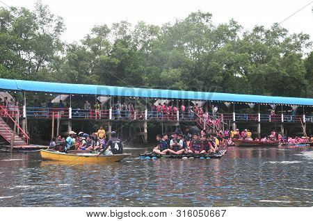 Chantaburi, Laem Sing, Thailand - 3 August 2019 : Bamboo (substitute Materials With Tube Pvc)  Raft 