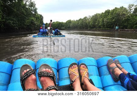 Chantaburi, Laem Sing, Thailand - 3 August 2019 : Bamboo (substitute Materials With Tube Pvc)  Raft 