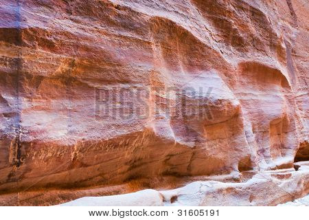 Cammello scultura scavata nella parete di arenaria di Siq passaggio a Petra