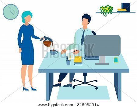 Secretary Pours Coffee To The Boss. In Minimalist Style Cartoon Flat Raster
