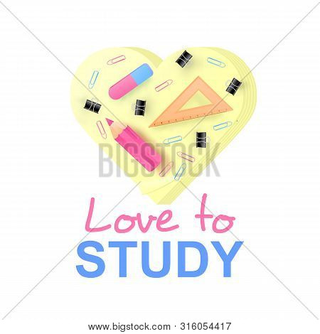 Realistic Memory Stickers Notebook, With Eraser, Clips, Ruler And Pink Colour Pencil. School Supplie
