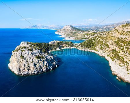 Ladiko Beach And Anthony Quinn Bay Aerial Panoramic View In Rhodes Island In Greece