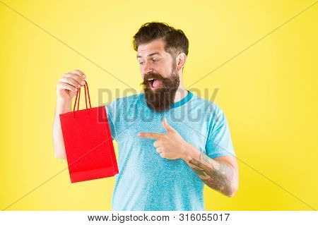 Aspects Can Influence Customer Decision Making Behavior. Happy Hipster Hold Paper Bag. Bearded Man S
