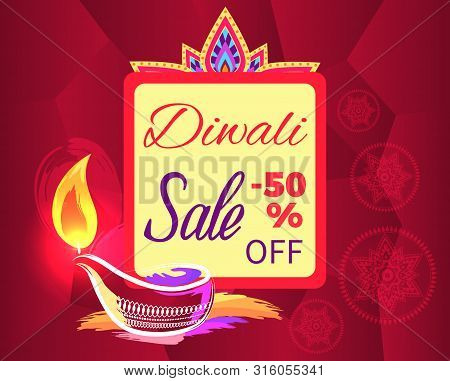 Diwali Sale -50 Off Sign With Festive Candle On Burgundy Background. Vector Illustration With Discou