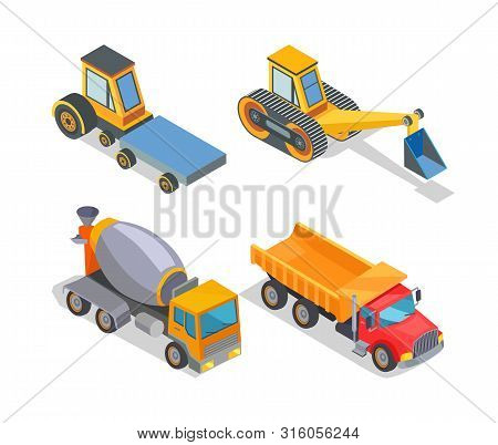 Construction Machines Icons, Working Devices Set Isolated Icons Vector. Cement Mixer, Truck With Cab