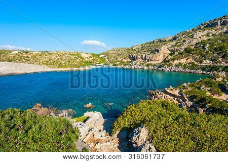 Ladiko Beach And Anthony Quinn Bay Aerial Panoramic View In Rhodes Island In Greece