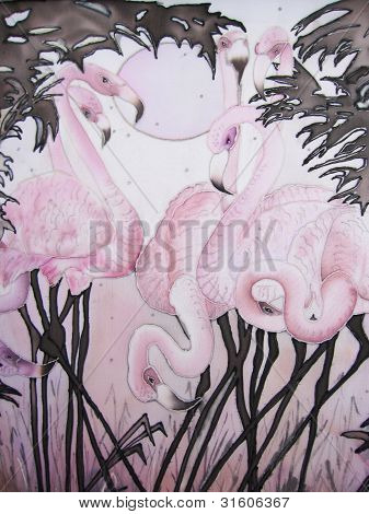 Pink Flamingo And Moon  With Tropical Trees Painting
