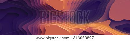 Wide Panorama 3d Landscape Paper Cut Style. Curved Shapes With Sunset Color Gradients. Abstract Geom