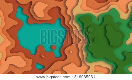 3d Landscape Paper Cut Style. Curved Shapes With Green Brown Pastel Natural Color. Abstract Geometri