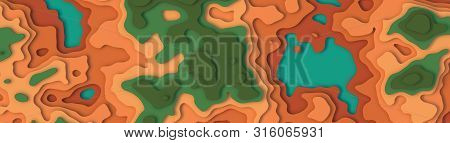 Wide Panorama 3d Landscape Paper Cut Style. Curved Shapes With Green Brown Pastel Natural Color. Abs