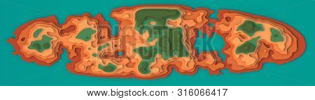 Wide Panorama 3d Landscape Paper Cut Style. Curved Shapes With Green Brown Pastel Natural Color. Abs