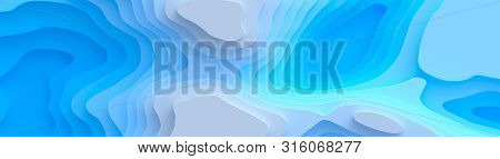 Wide Panorama 3d Landscape Paper Cut Style, Curved Shapes With Blue Gradients, Abstract Geometric Li