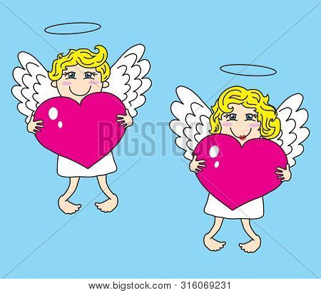 Two Angels Hold Hearts On A Blue Background. Vector Illustration.