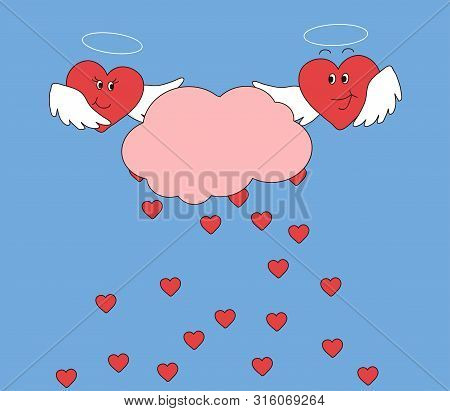Two Hearts Hold A Cloud From Which Small Hearts Come Together. Vector Illustration.