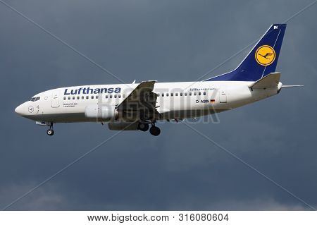 Frankfurt / Germany - August 17, 2014: Lufthansa Boeing 737-500 D-abin Passenger Plane Landing At Fr