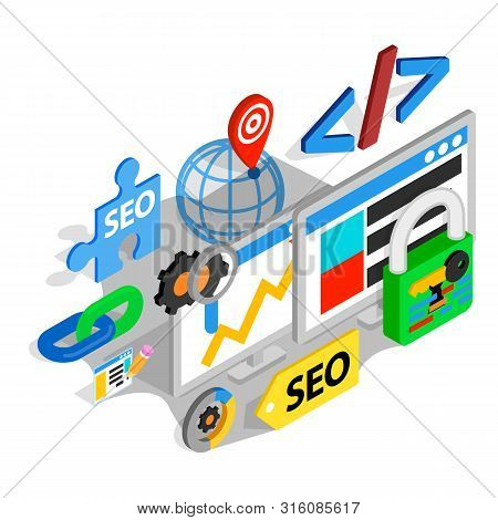Search Engine Optimization Concept Banner. Isometric Banner Of Search Engine Optimization Vector Con