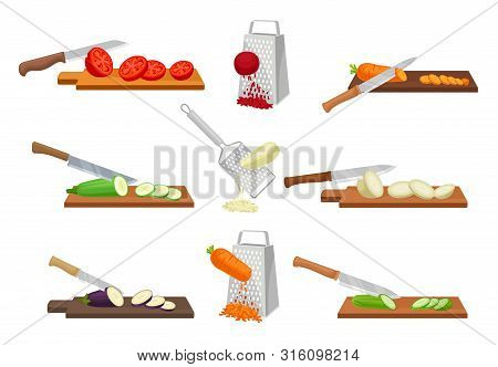 Set Of Images Of Vegetables Chopped With A Knife And Grated. Vector Illustration On A White Backgrou