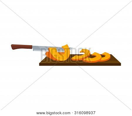 Knife Cuts A Pumpkin. Vector Illustration On A White Background.