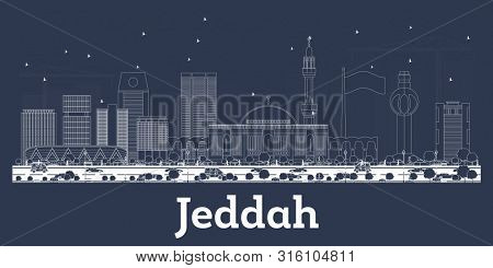 Outline Jeddah Saudi Arabia City Skyline with White Buildings. Business Travel and Tourism Concept with Historic Architecture. Jeddah Cityscape with Landmarks. 