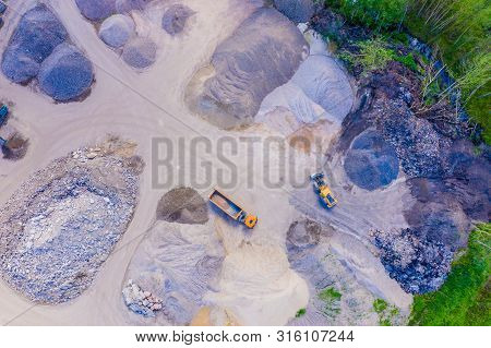 Aerial View Of Sandpit And Factory Plant Producing Sand Materials For Construction Industry. Top Vie
