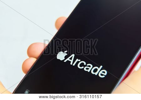 Bishkek, Kyrgyzstan - June 05, 2019: New Apple Arcade Logotype On Modern Iphone Featuring New Subscr