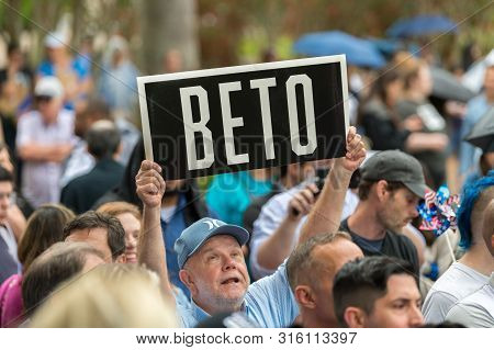 Houston, Texas - March 30, 2019: Elderly Man Holding Banner Beto During Beto Orourke Campaign Rally 