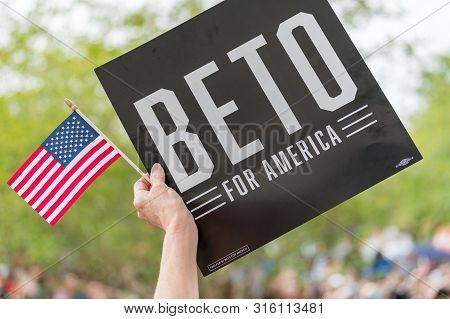 Houston, Texas - March 30, 2019: Supporter Holds Banner Beto For America During Beto Orourke Campaig
