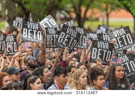 Houston, Texas - March 30, 2019: Supporters Hold Banners Viva Beto For America During Beto Orourke C