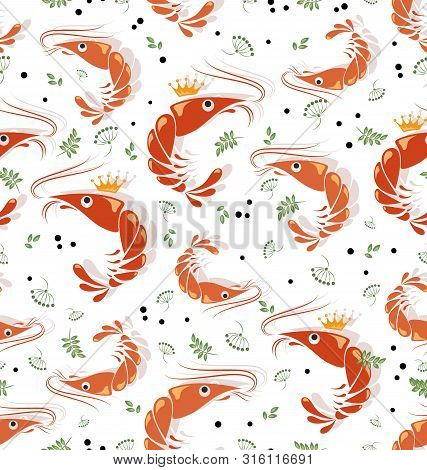 King Prawns With Spicy Herbs. Seafood. Seamless Pattern. Background Image With Shrimps For The Thema