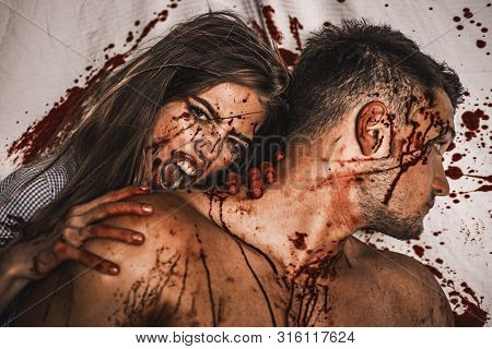 Love And Bloody Story - Vampire Woman Biting Her Lover. Vampire Fashion Design Scene, Sexy Female Va