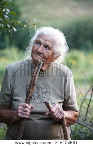 Portrait Of An Old Woman With Arthritic Feet Walking In A Grassy Meadow Leaning On A Stick As A Cane