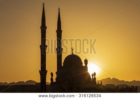 Silhouette Al-sahaba Mosque At Sunset Time In Sharm El Sheikh, Egypt. Architecture Of Al Sahaba, Al 