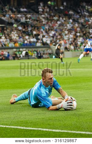 Krasnodar, Russia - August 7, 2019: Matvey Safonov Of Fc Krasnodar In Action During The Uefa Champio