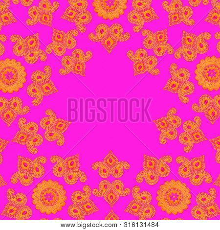 Beautiful and vibrant Indian paisly pattern. Empty space for text in the centre.